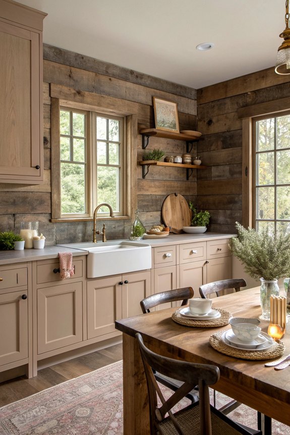 rustic backsplash adds warmth